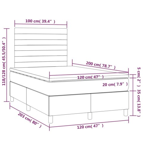 Łóżko kontynentalne z materacem i LED, szare 120x200cm, aksamit