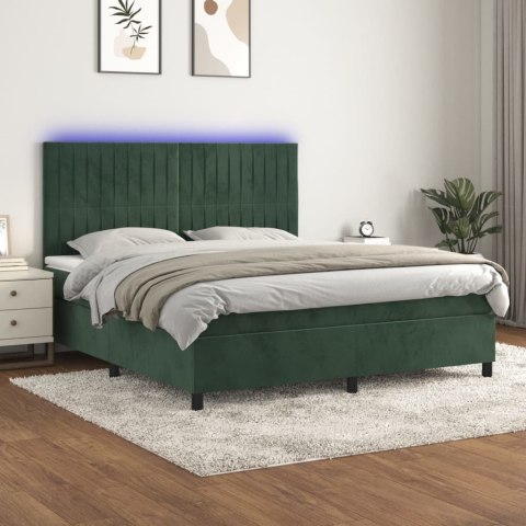 Łóżko kontynentalne z materacem i LED zielony aksamit 180x200cm