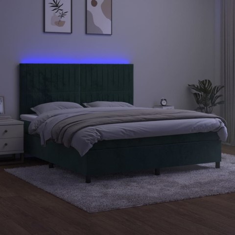 Łóżko kontynentalne z materacem i LED zielony aksamit 180x200cm