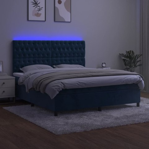 Łóżko kontynentalne, materac i LED, niebieski aksamit 160x200cm