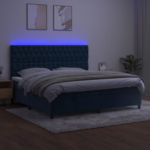 Łóżko kontynentalne, materac i LED, niebieski aksamit 200x200cm