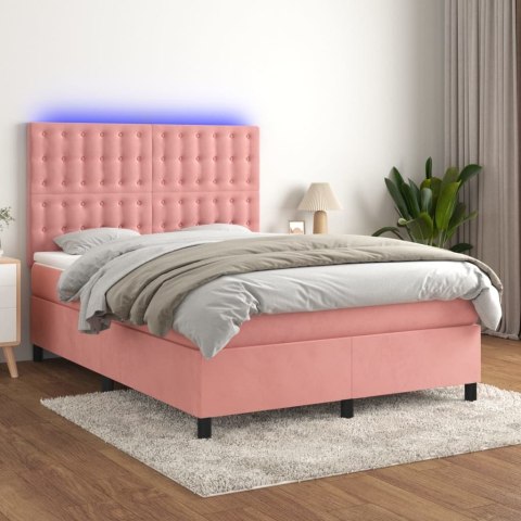 Łóżko kontynentalne z materacem i LED, różowy aksamit 140x190cm