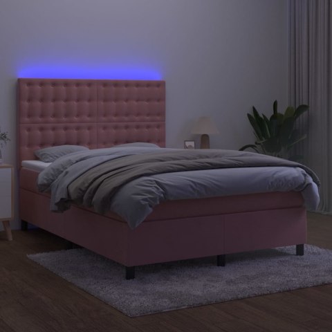 Łóżko kontynentalne z materacem i LED, różowy aksamit 140x200cm