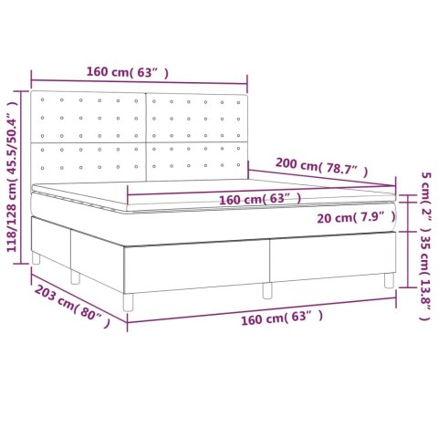 Łóżko kontynentalne z materacem i LED, szare 160x200cm, aksamit