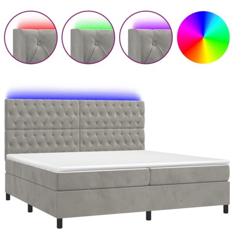Łóżko kontynentalne z materacem i LED, szare 200x200cm, aksamit