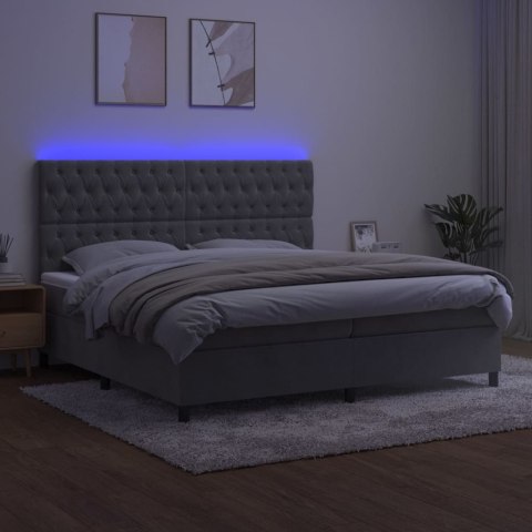 Łóżko kontynentalne z materacem i LED, szare 200x200cm, aksamit