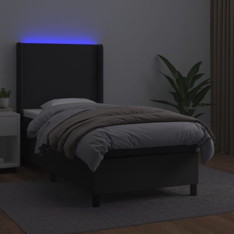 Łóżko kontynentalne z materacem i LED czarna ekoskóra 90x190 cm
