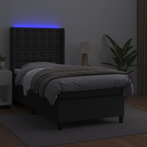 Łóżko kontynentalne z materacem i LED czarna ekoskóra 90x200 cm