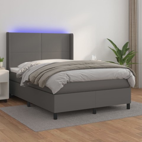 Łóżko kontynentalne z materacem i LED, szara ekoskóra 140x190cm