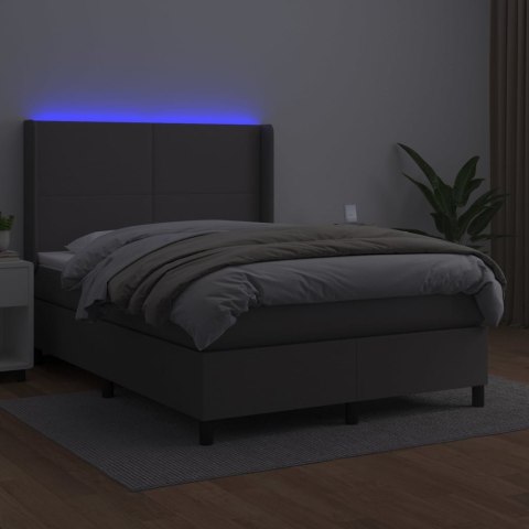 Łóżko kontynentalne z materacem i LED, szara ekoskóra 140x190cm