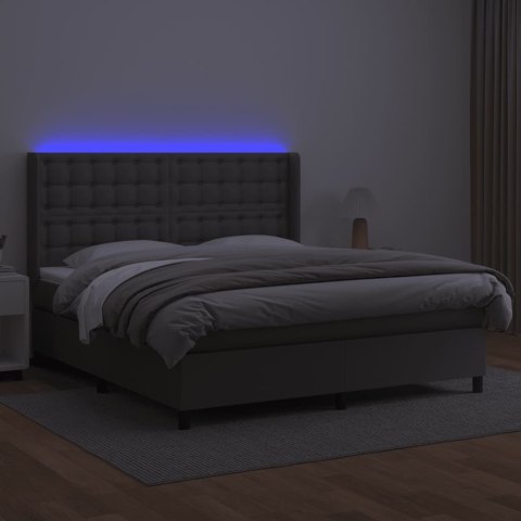 Łóżko kontynentalne z materacem i LED, szara ekoskóra 180x200cm