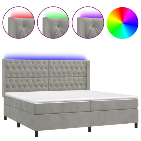 Łóżko kontynentalne z materacem i LED, szare 200x200cm, aksamit
