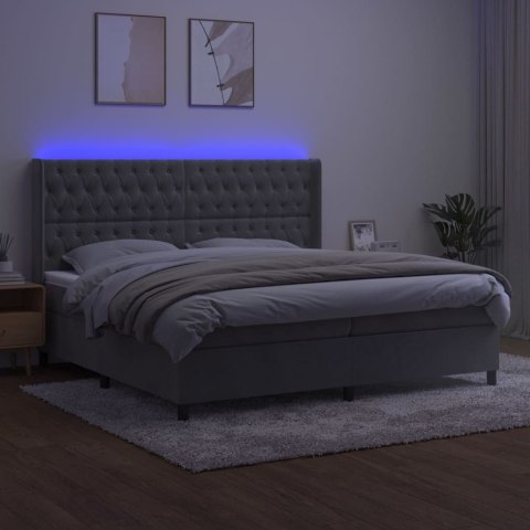 Łóżko kontynentalne z materacem i LED, szare 200x200cm, aksamit