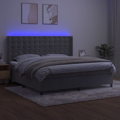 Łóżko kontynentalne z materacem i LED, szare 200x200cm, aksamit