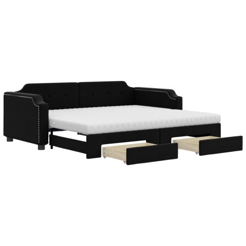 Sofa rozsuwana z szufladami, czarna, 100x200 cm, tkanina