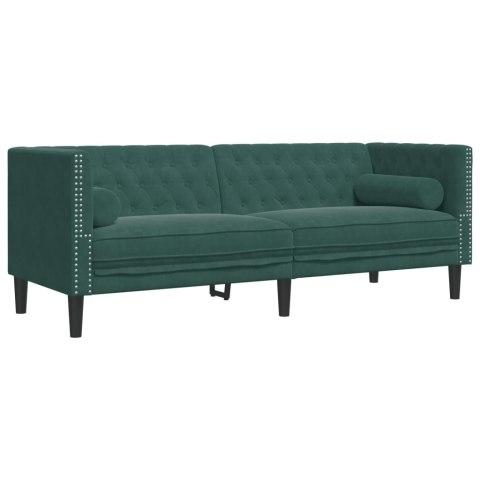 3-cz. wypoczynek Chesterfield z wałkami, ciemnozielony, aksamit