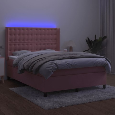 Łóżko kontynentalne z materacem i LED, różowy aksamit 140x200cm