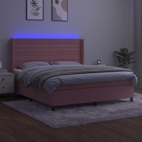 Łóżko kontynentalne z materacem i LED, różowy aksamit 160x200cm