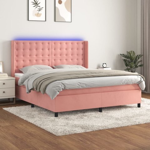 Łóżko kontynentalne z materacem i LED, różowy aksamit 160x200cm