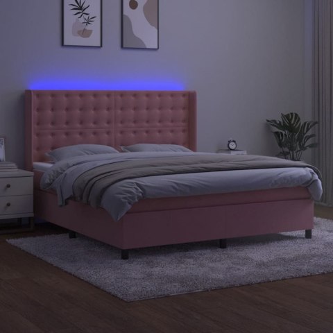 Łóżko kontynentalne z materacem i LED, różowy aksamit 160x200cm