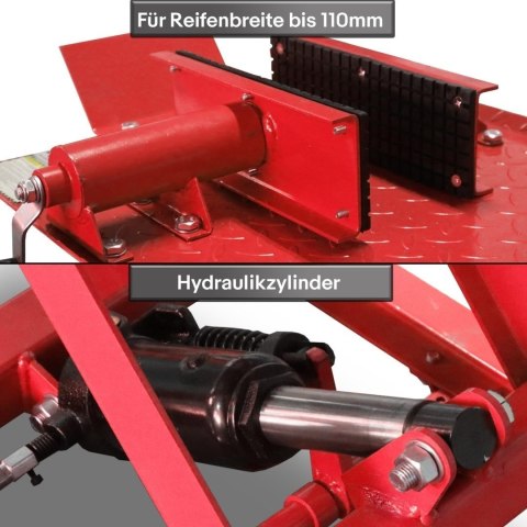 Hydrauliczny podnośnik nożycowy 360 kg do motocykli z rampą najazdową i blokadą koła
