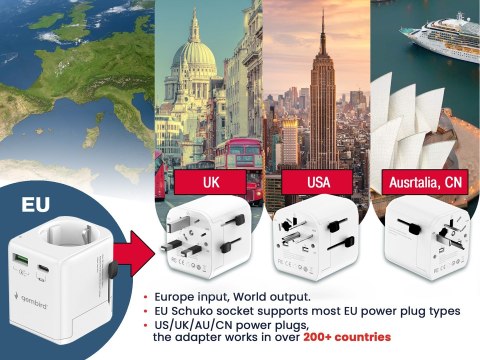 GEMBIRD UNIWERSALNY ADAPTER PODRÓŻNY Z UZIEMIENIEM 20 W, BIAŁY