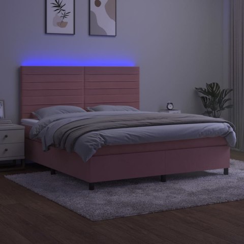 Łóżko kontynentalne z materacem i LED, różowy aksamit 180x200cm