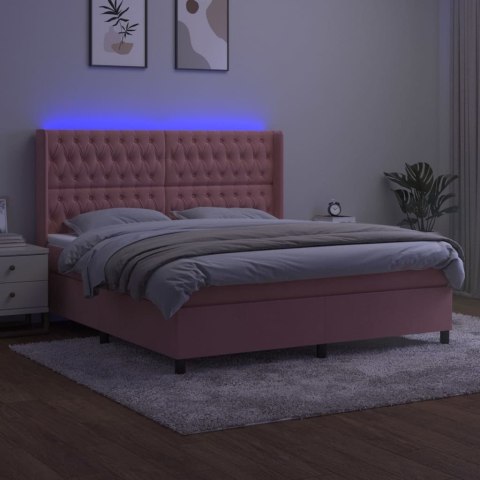 Łóżko kontynentalne z materacem i LED, różowy aksamit 180x200cm