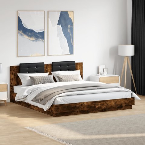 Rama łóżka z wezgłowiem i LED, przydymiony dąb, 180x200 cm