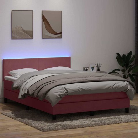 Łóżko kontynentalne z materacem i LED, różowe, 160x210 cm, aksamit
