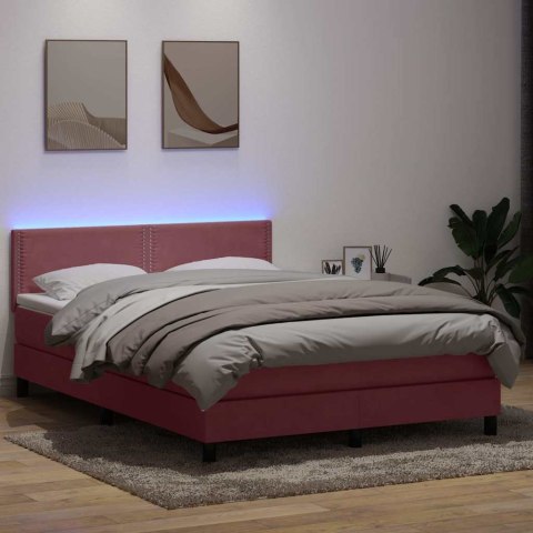 Łóżko kontynentalne z materacem i LED, różowe, 160x210 cm, aksamit