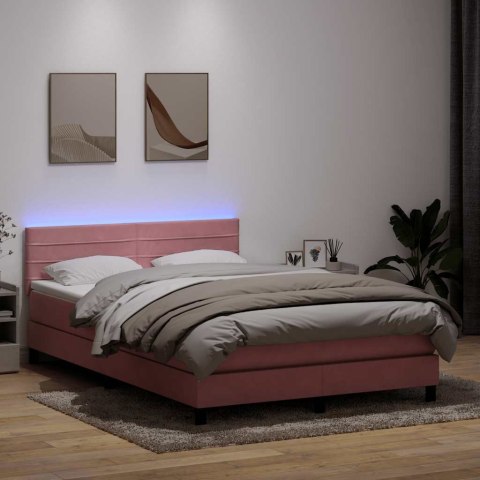 Łóżko kontynentalne z materacem i LED, różowe, 140x210 cm, aksamit