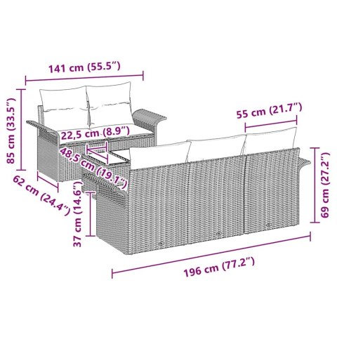 Zestaw Sof z poduszką 6 pcs Czarny polirattan