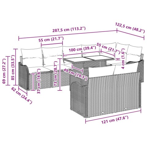 Zestaw Sof na Ogród z poduszką 9 pcs Jasnoszary Rattan poli