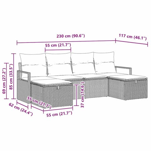 Zestaw Sof z poduszką 6 pcs Czarny i kremowy polirattan