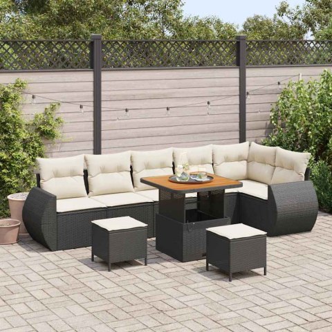 Zestaw Sof na Ogród 9 pcs Czarny i kremowy Rattan poli