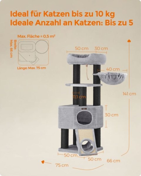 Drapak dla kota z dużą jaskinią, jasnoszary, 141 cm