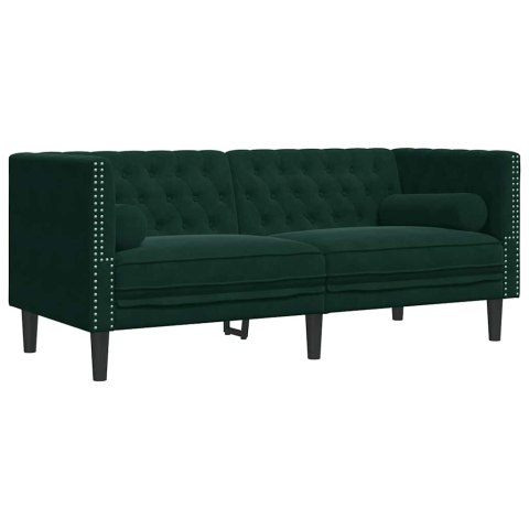 Sofa Chesterfield z wałkami, dwuosobowa, ciemnozielona, aksamit