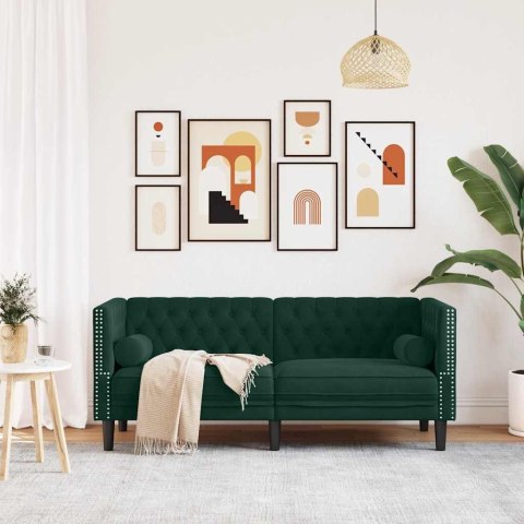 Sofa Chesterfield z wałkami, dwuosobowa, ciemnozielona, aksamit