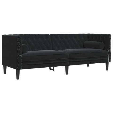 Sofa Chesterfield z wałkami, trzyosobowa, czarna, aksamit