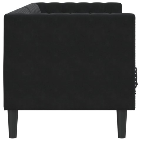 Sofa Chesterfield z wałkami, trzyosobowa, czarna, aksamit