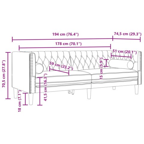 Sofa Chesterfield z wałkami, trzyosobowa, czarna, aksamit