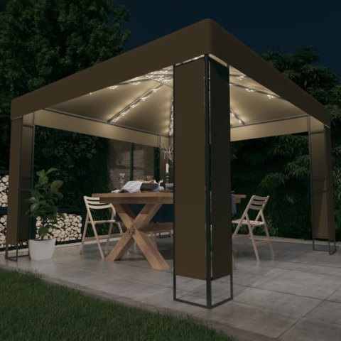 Altana z podwójnym dachem i sznurem lampek LED 3x3x2,7 m, taupe