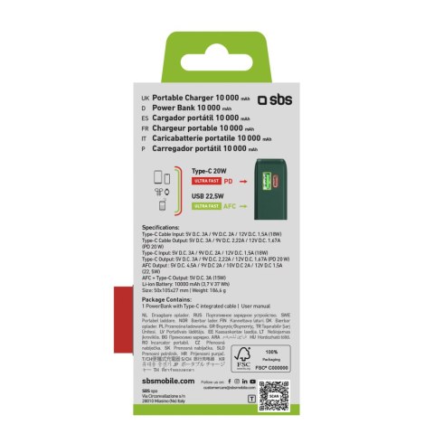 Powerbank 10000mAh USB-A USB-C z wyświetlaczem wbudowanym kablem USB-C 20W - zielony