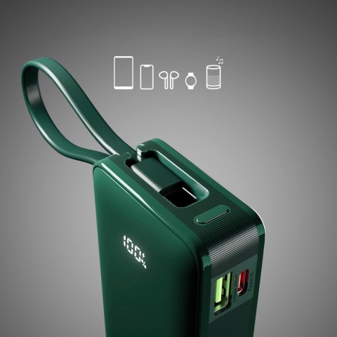 Powerbank 10000mAh USB-A USB-C z wyświetlaczem wbudowanym kablem USB-C 20W - zielony