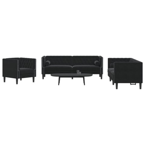 3-cz. wypoczynek Chesterfield z wałkami, czarny, aksamit