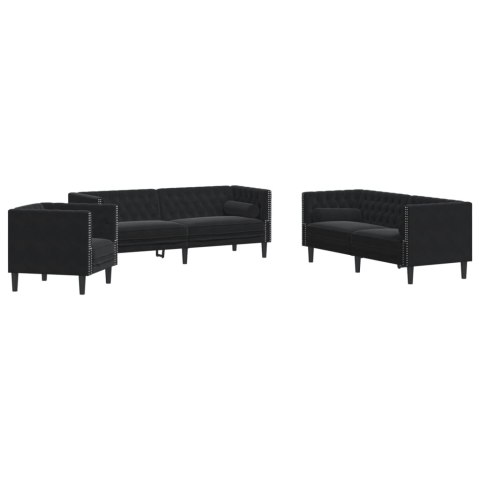 3-cz. wypoczynek Chesterfield z wałkami, czarny, aksamit
