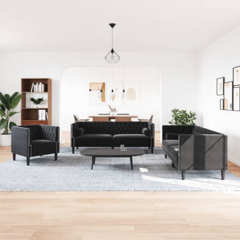 3-cz. wypoczynek Chesterfield z wałkami, czarny, aksamit