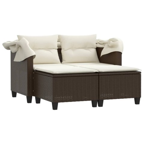 2-os. sofa ogrodowa, daszek i podnóżki, brązowa, rattan PE
