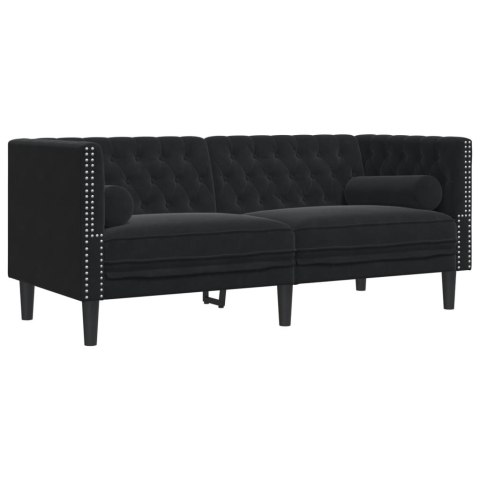 Sofa Chesterfield z wałkami, dwuosobowa, czarna, aksamit